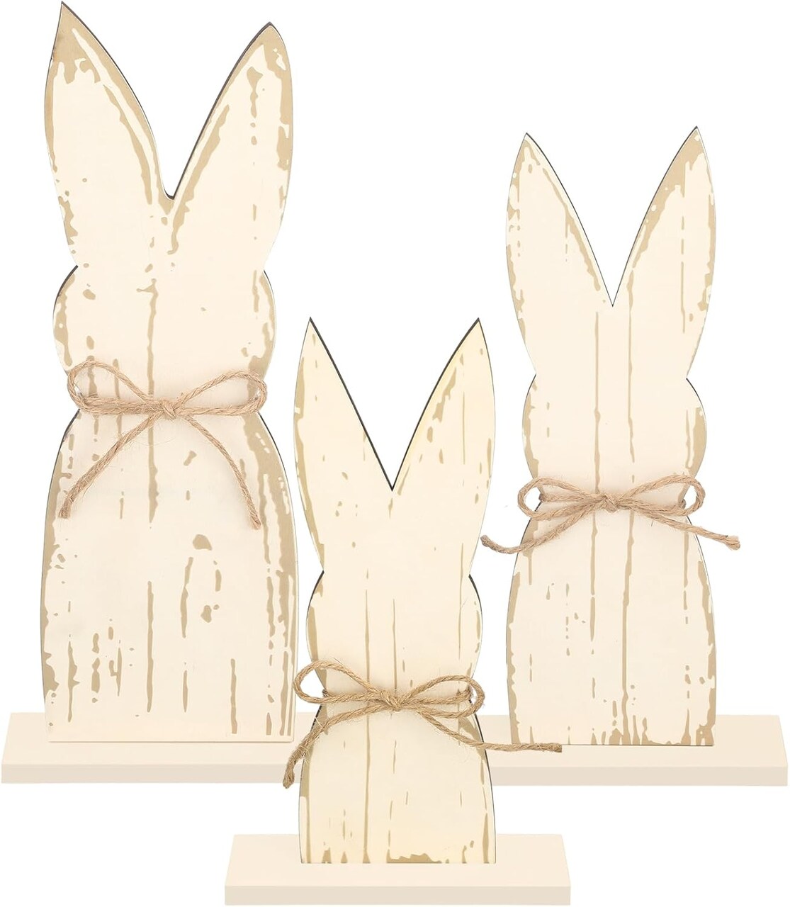3 Pcs Easter Bunny Wooden Signs with Rope Bow and Base Bunny Shaped Freestanding Centerpiece Signs Rabbit Wood Easter Bunnies Bunny Table Decor for Party Office Home Tabletop Gift, 3 Sizes